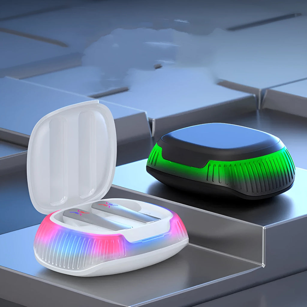 Hall Flashing wireless gaming earplug headset in black or white with Bluetooth 5.0 and 120H battery.