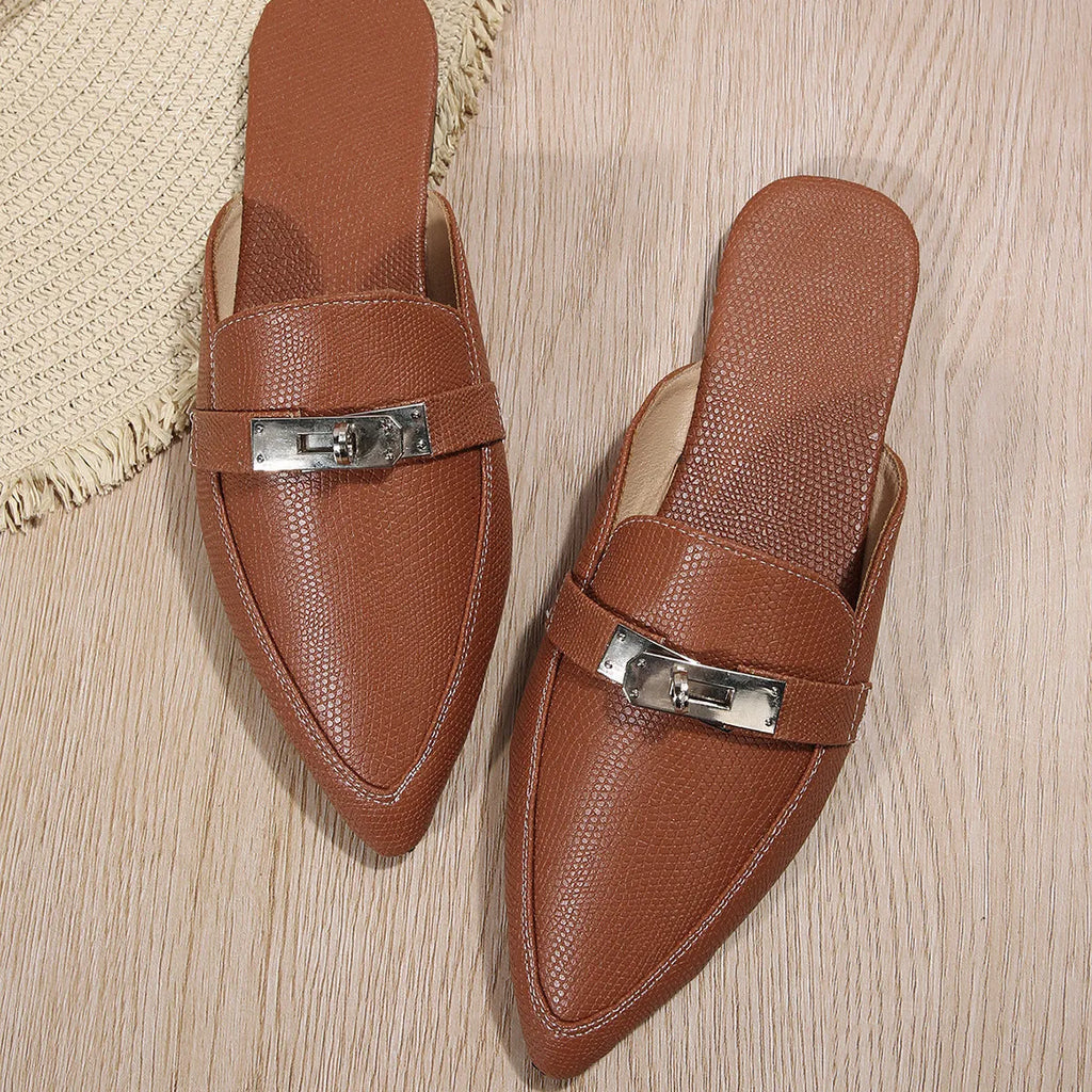 Light brown women's pointed-toe casual semi-slippers with a low heel and rubber sole.