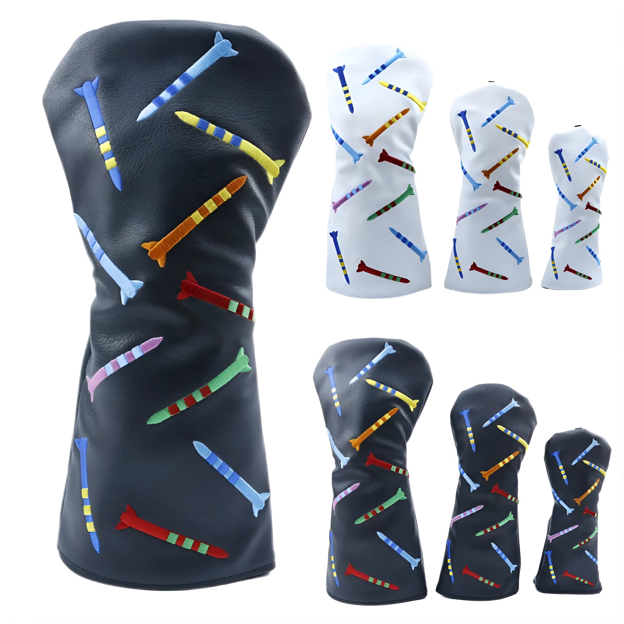 Set of black and white solid PU golf club wooden poles showing large, medium, and small size options.