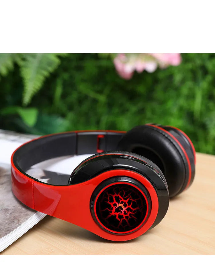 Head-mounted luminous Bluetooth headset in black, white, black and red, and red and black with 10 metre range and power display