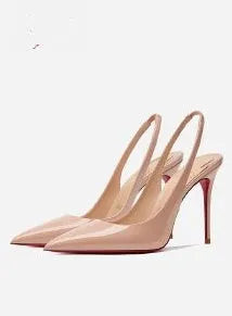 Women's black stiletto heel sandals with ankle-strap buckle and pointed toe design