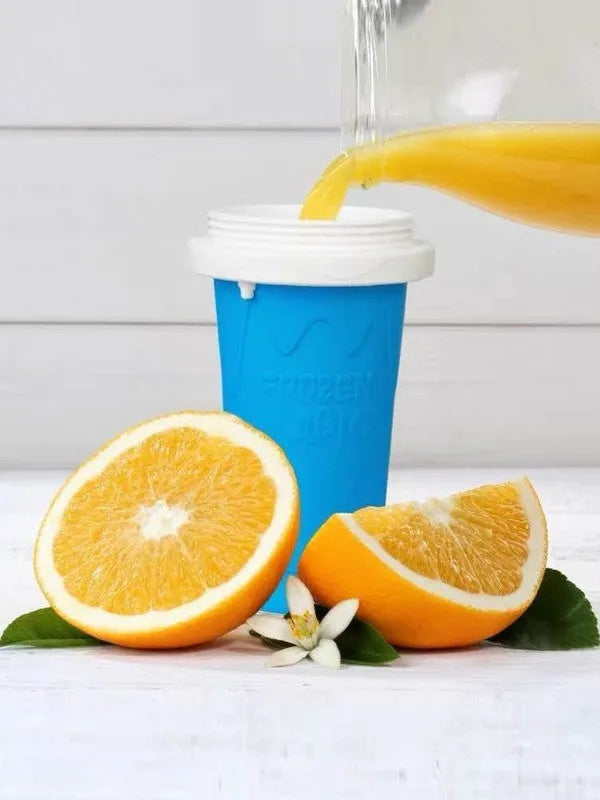 Blue silicone quick refrigeration pinch cup with double-layer construction for fast drink cooling.
