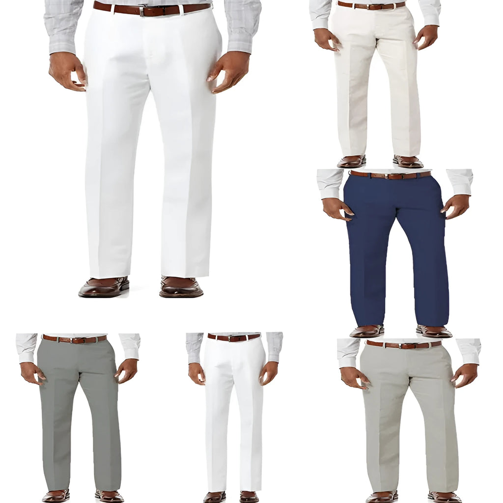 Men's beige white linen-cotton trousers with slant pockets on a solid colour background