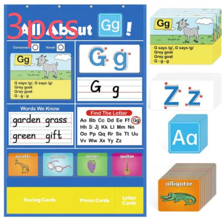 Child using large blue alphabet learning chart with picture and word cards on a wipe-clean 60x40cm surface.