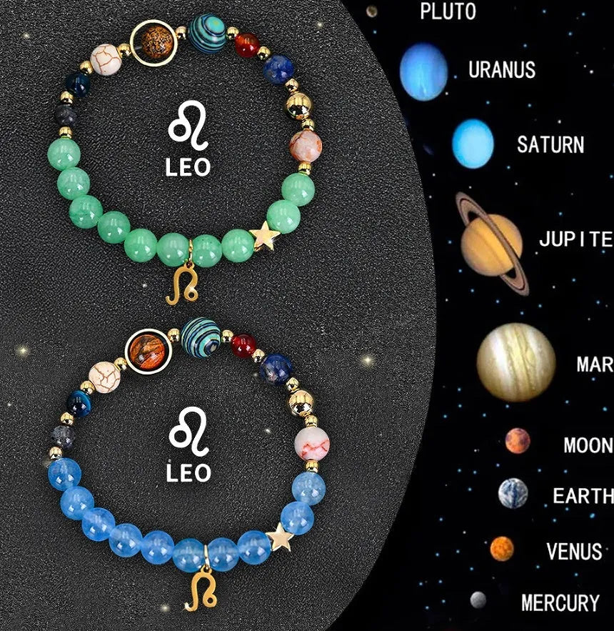Two natural stone bead bracelets for zodiac signs, showing twelve style options.