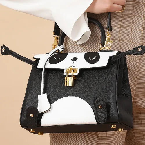 Panda handbag in cow leather with printed animal pattern, horizontal square shape, 20cm size