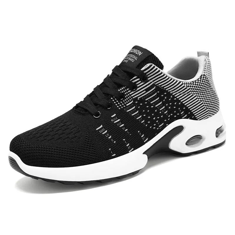 Men's low-top Flyknit mesh sneakers in black and blue colour, showcasing the lace-up design and round toe.
