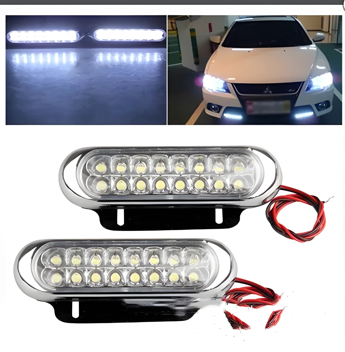 Car anti fog LED daytime running light set with two white 16-LED lamp boards, DC12V 6W, 15cm x 3.5cm x 3.5cm, iron brackets and screws