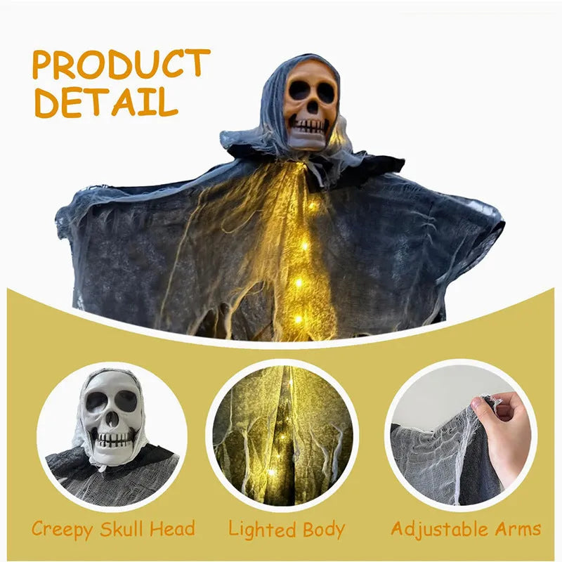 85cm hanging ghost Halloween decoration in warm colour with skull face, made from plastic, wrought iron, foam and cloth