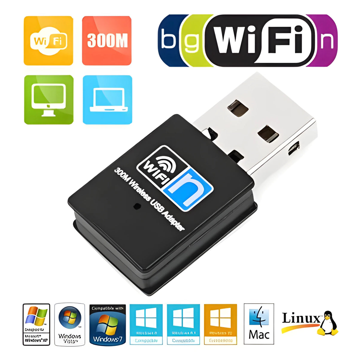 Black 300M mini USB WiFi adapter with RTL8192EU chip, measuring 3.3 x 1.5 x 0.7cm, for Windows, Linux and MAC OS