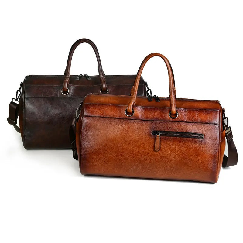 Handmade retro leather bag in vintage brown with 20L capacity and genuine leather construction