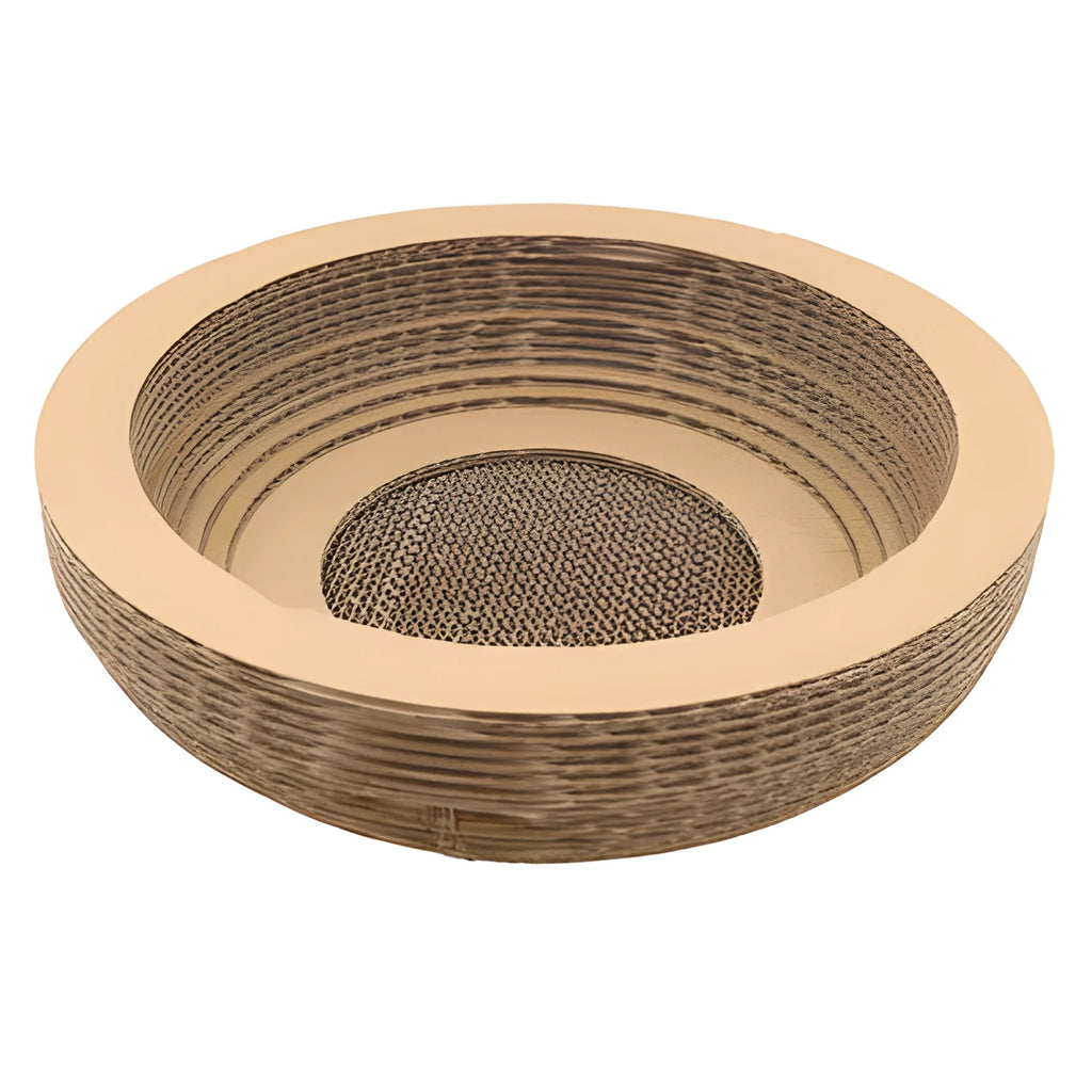 Brown compressed paper cat scratch board with 40cm diameter and 11cm height on a wooden floor