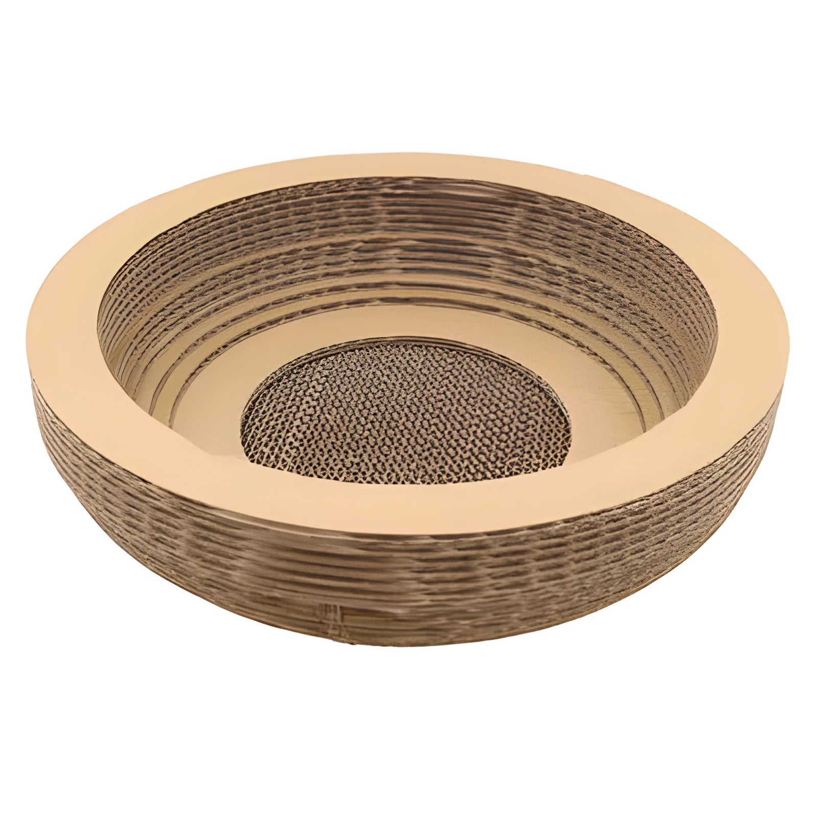Brown compressed paper cat scratch board with 40cm diameter and 11cm height on a wooden floor