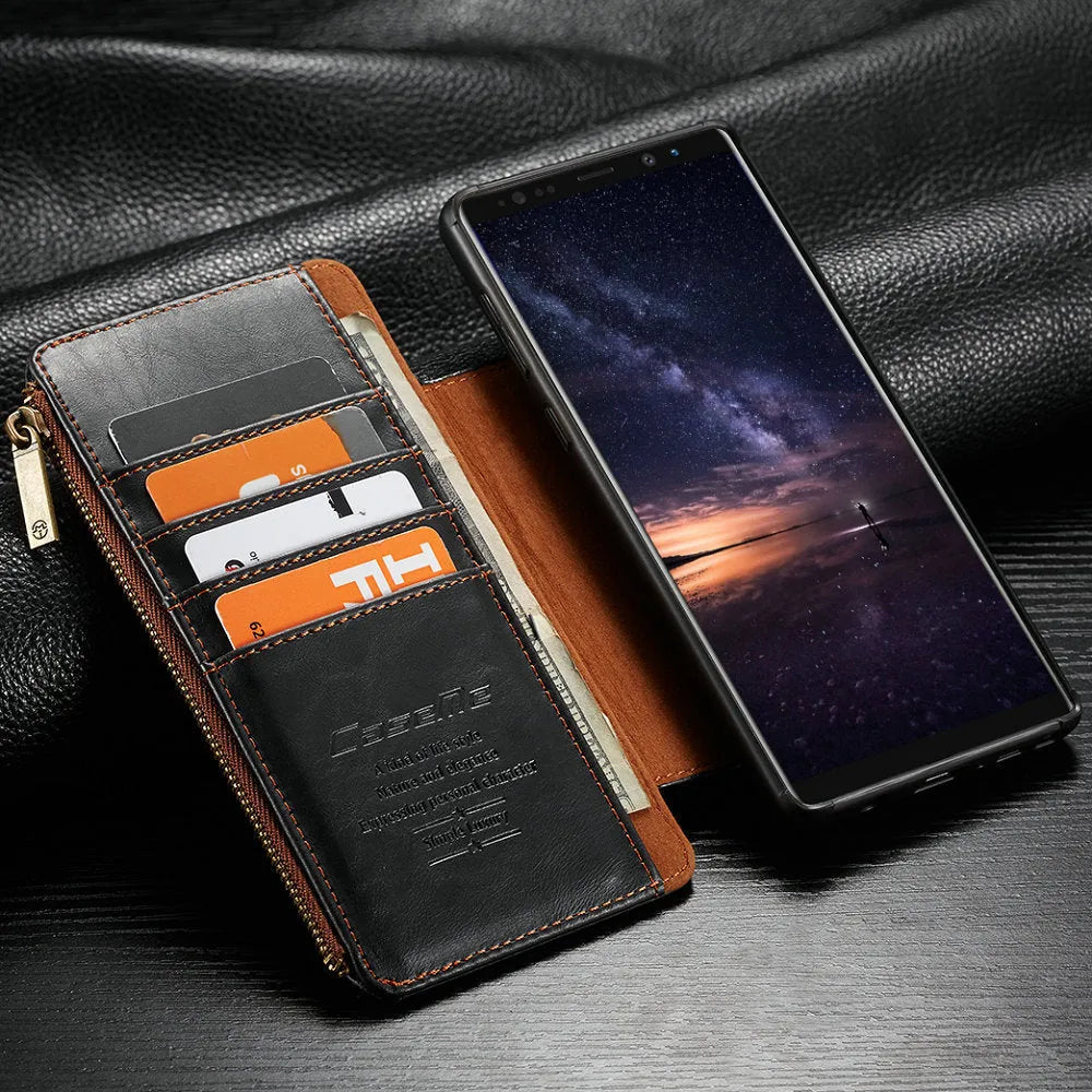 Black leather flip phone case open showing Samsung Galaxy Note9 phone inside