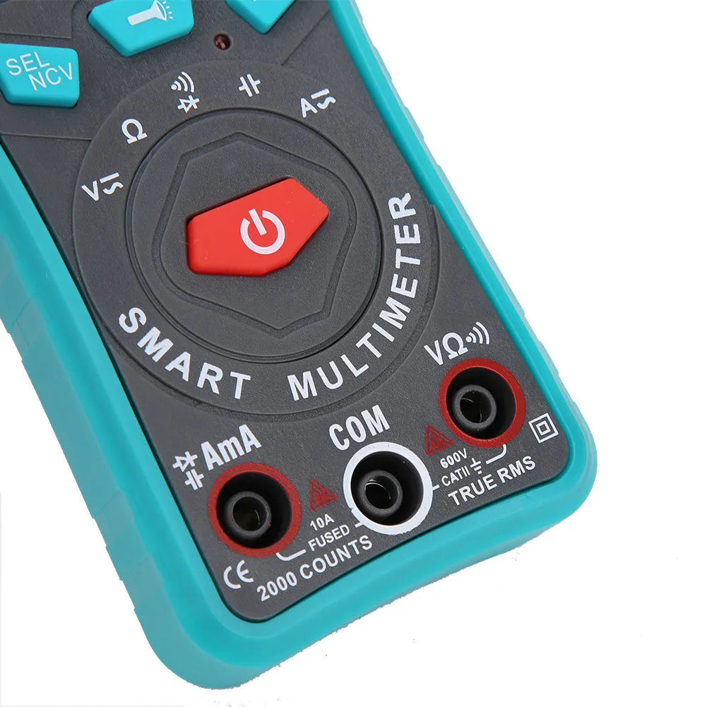 Green automatic digital multimeter with LCD screen and rear stand, dimensions 132x64x25mm.