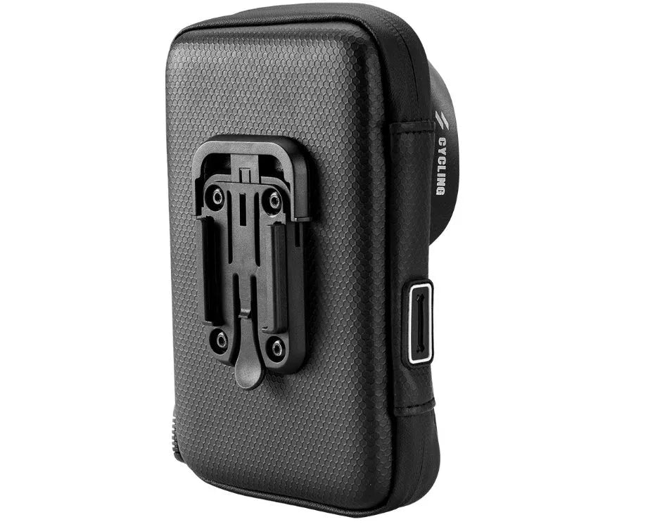 Black waterproof bicycle handlebar bag with transparent touch screen window on bike handlebars