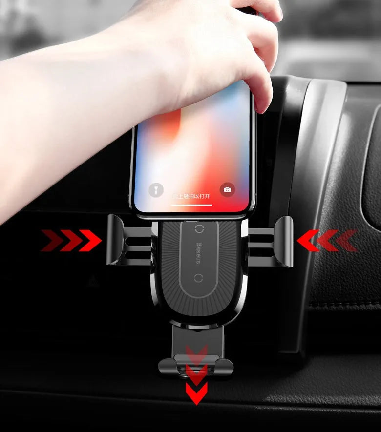Gravity bracket wireless charging car mount in black for Apple and Samsung phones