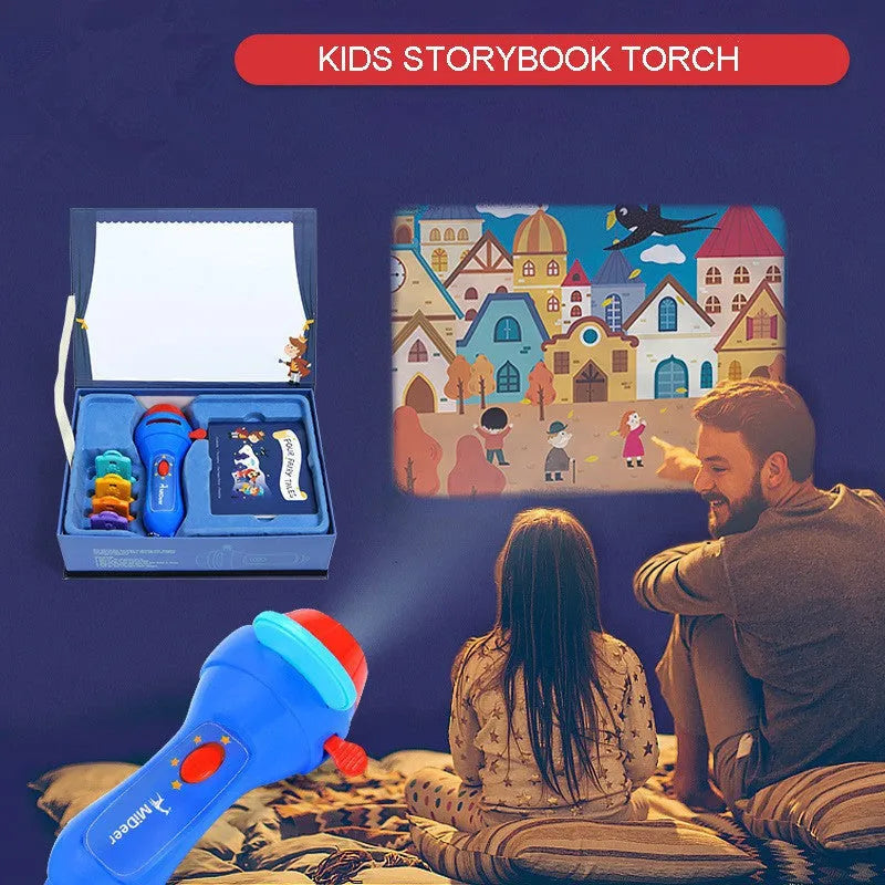 SmartKids children's story projector torch showing fairy tale image projected on a bedroom wall.