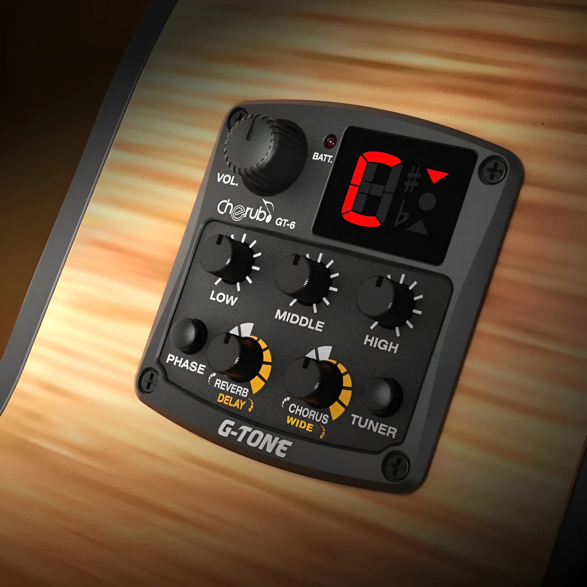 Cherub GT-6 black acoustic guitar preamp with EQ knobs and effects controls for soundhole mounting.