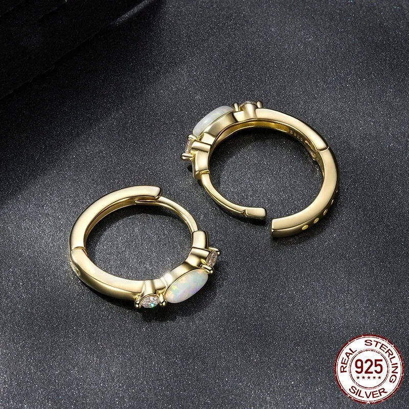 Moissanite simple opal ear ring clip in S925 sterling silver with gold finish, featuring moissanite and opal stones on a smooth clip-on setting