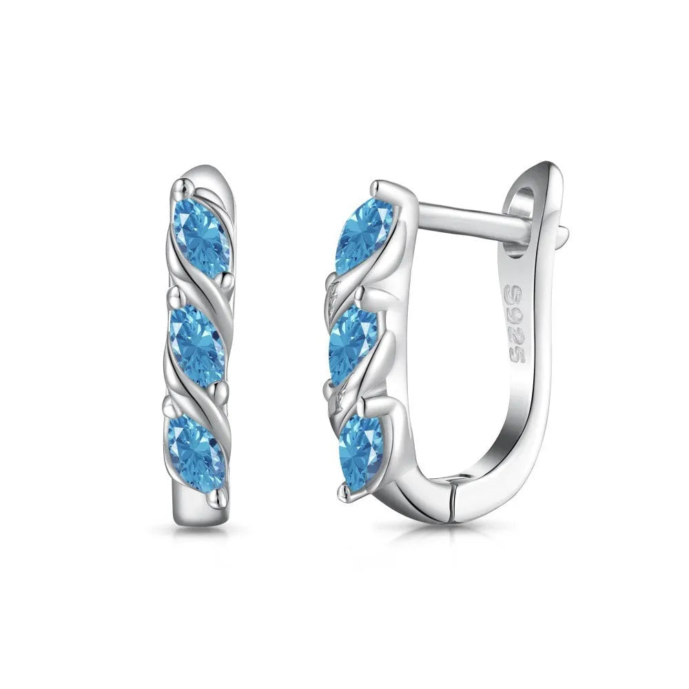 Women's 925 silver blue zircon symmetrical earrings, platinum blue diamond colour, 3 x 14 x 15mm, one pair