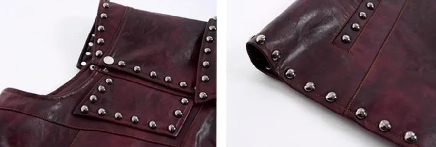 Heavy industry rivets leather vest coat with lapel collar and matching red pants set