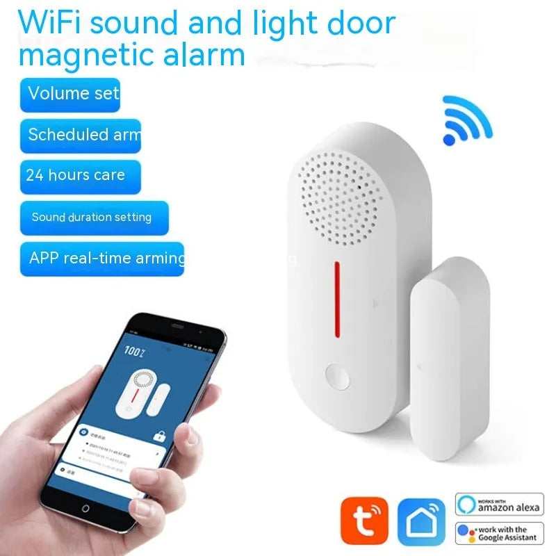 WiFi door magnetic sensor alarm with wireless connectivity and sound/light alerts for smart home security