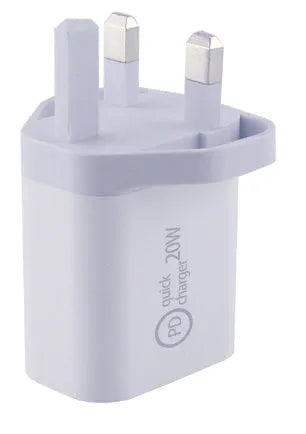 White Type-C PD20W USB-C fast charger with UK 3-pin plug and USB-C cable