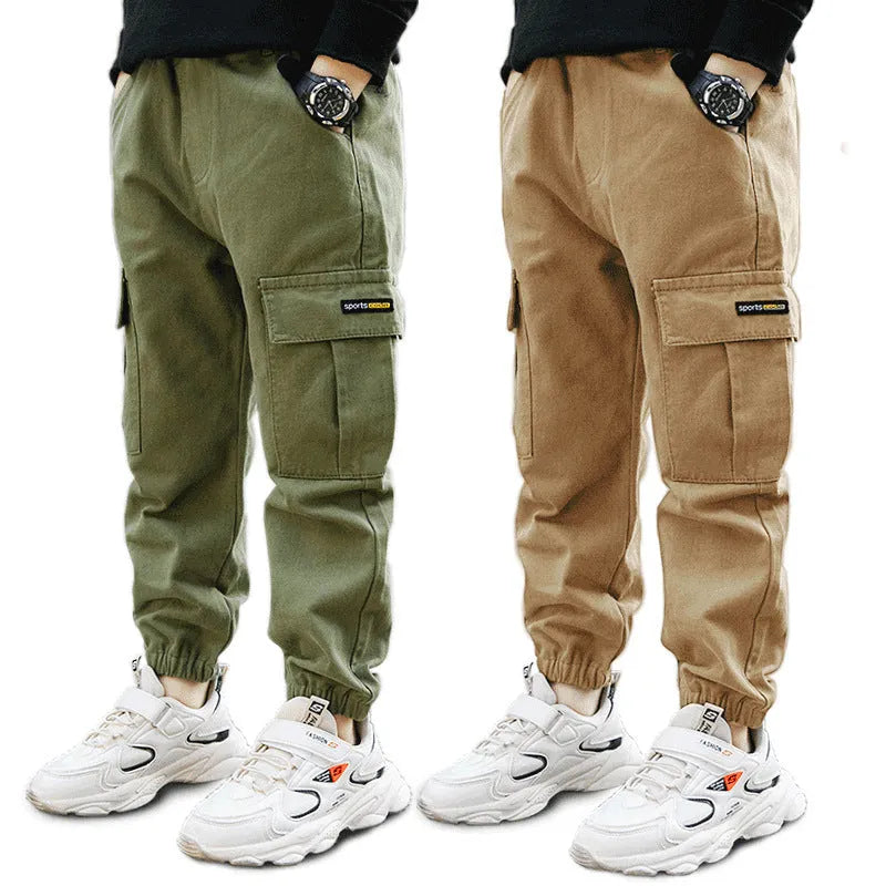 Boys' casual cotton summer trousers in khaki colour with elasticated waist, shown on size chart.
