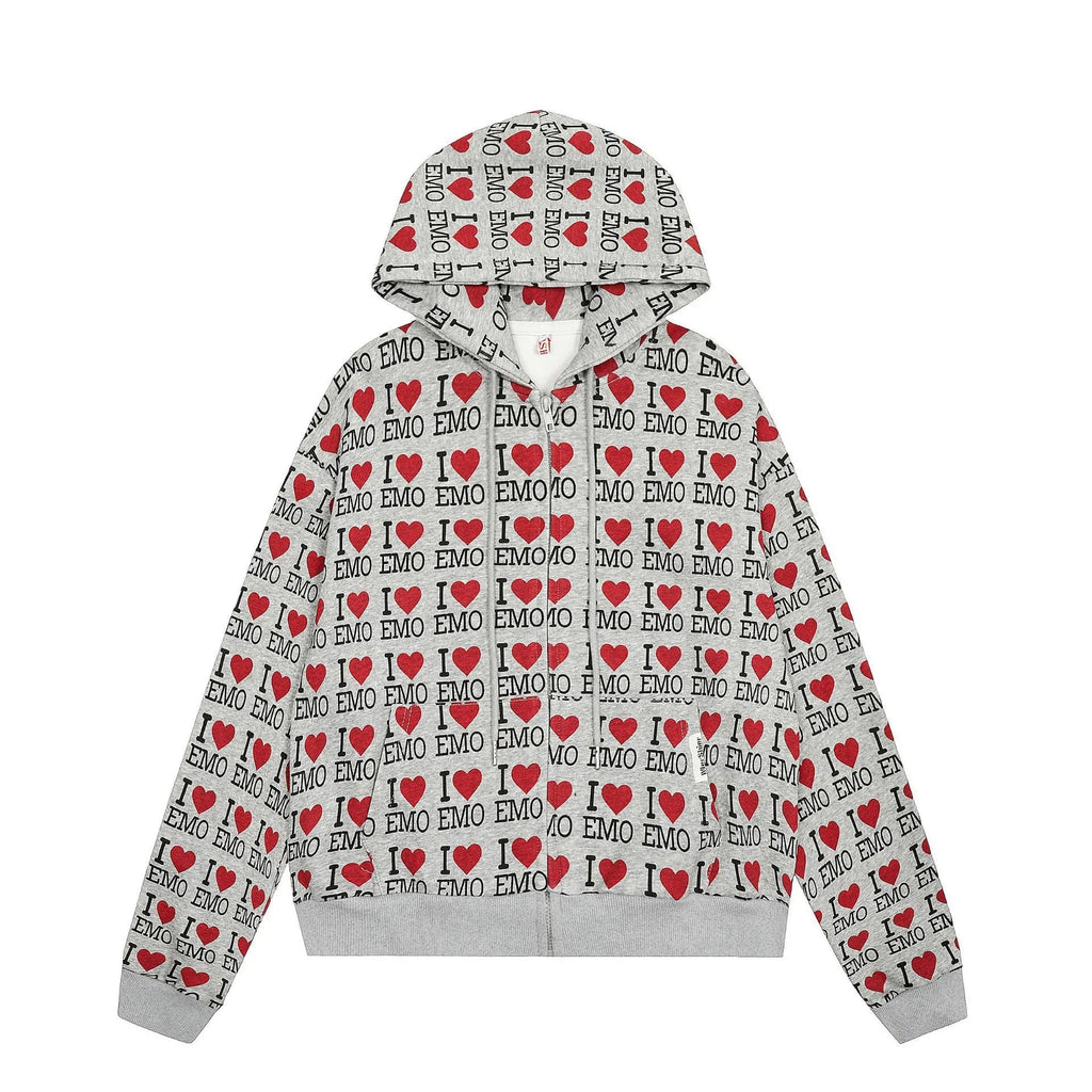 Women's melange grey hooded cardigan with a retro pattern and long sleeves.