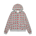 Women's melange grey hooded cardigan with a retro pattern and long sleeves.