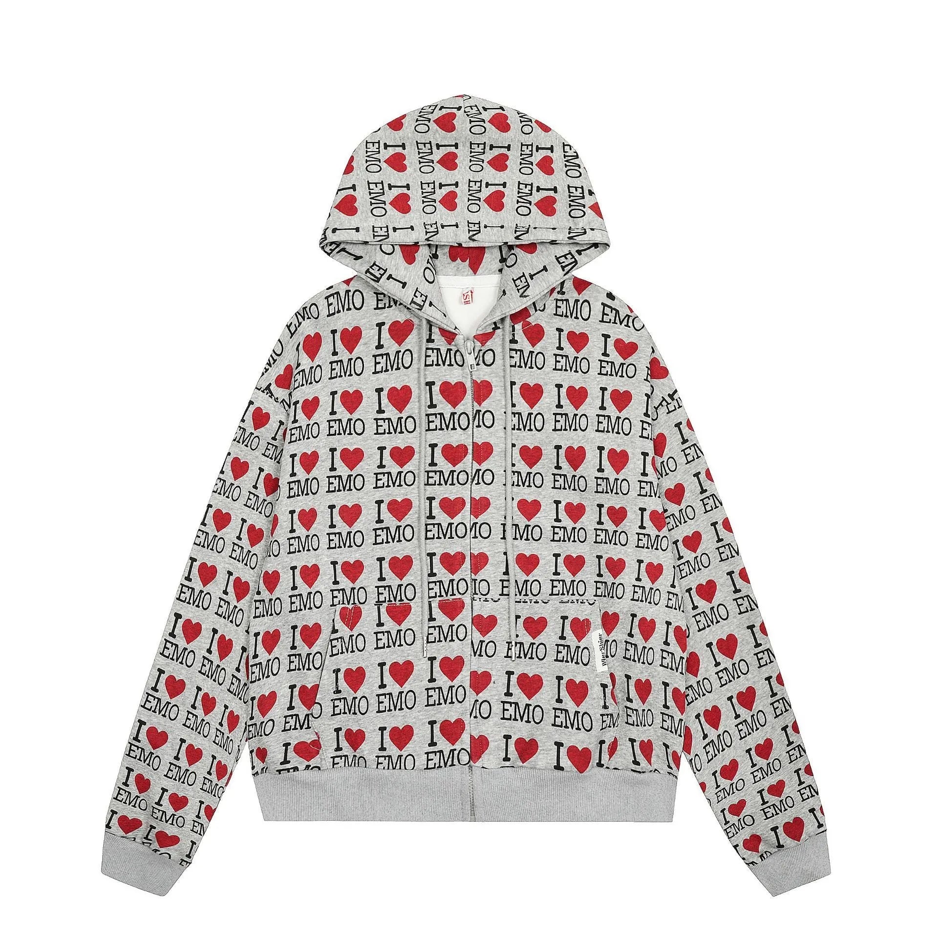 Women's melange grey hooded cardigan with a retro pattern and long sleeves.