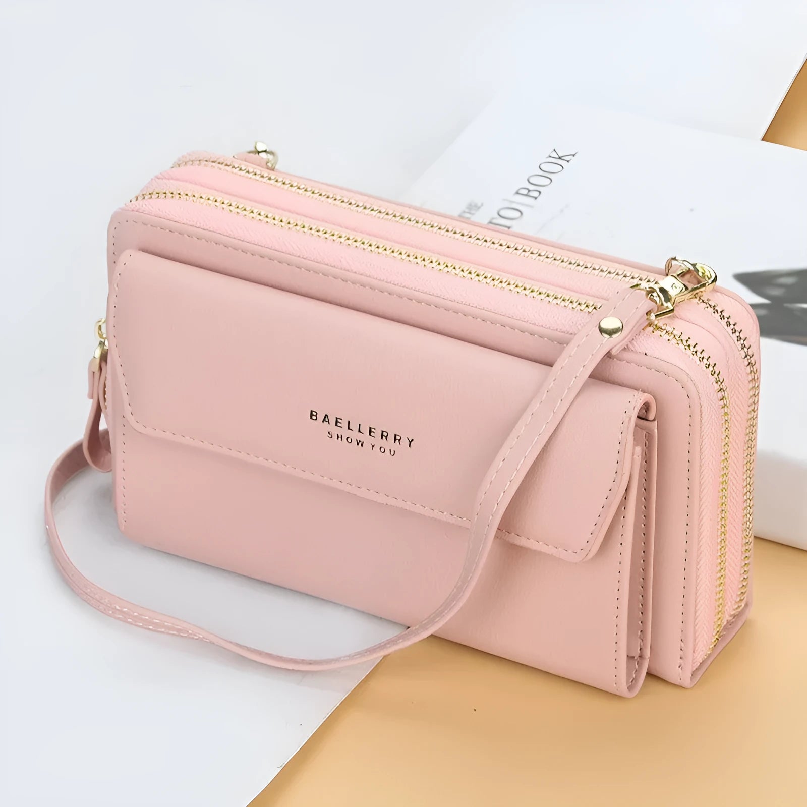 Red soft PU leather ladies long wallet with double zipper shown as diagonal messenger bag