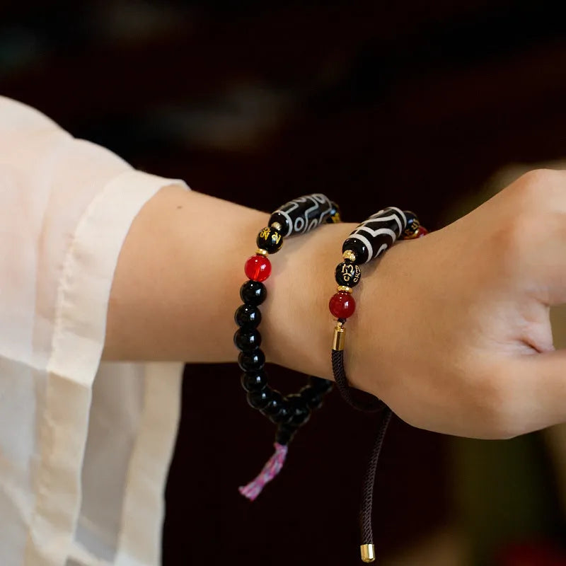 8mm Tibetan agate dzi bead bracelet with geometry shape and retro ethnic styling