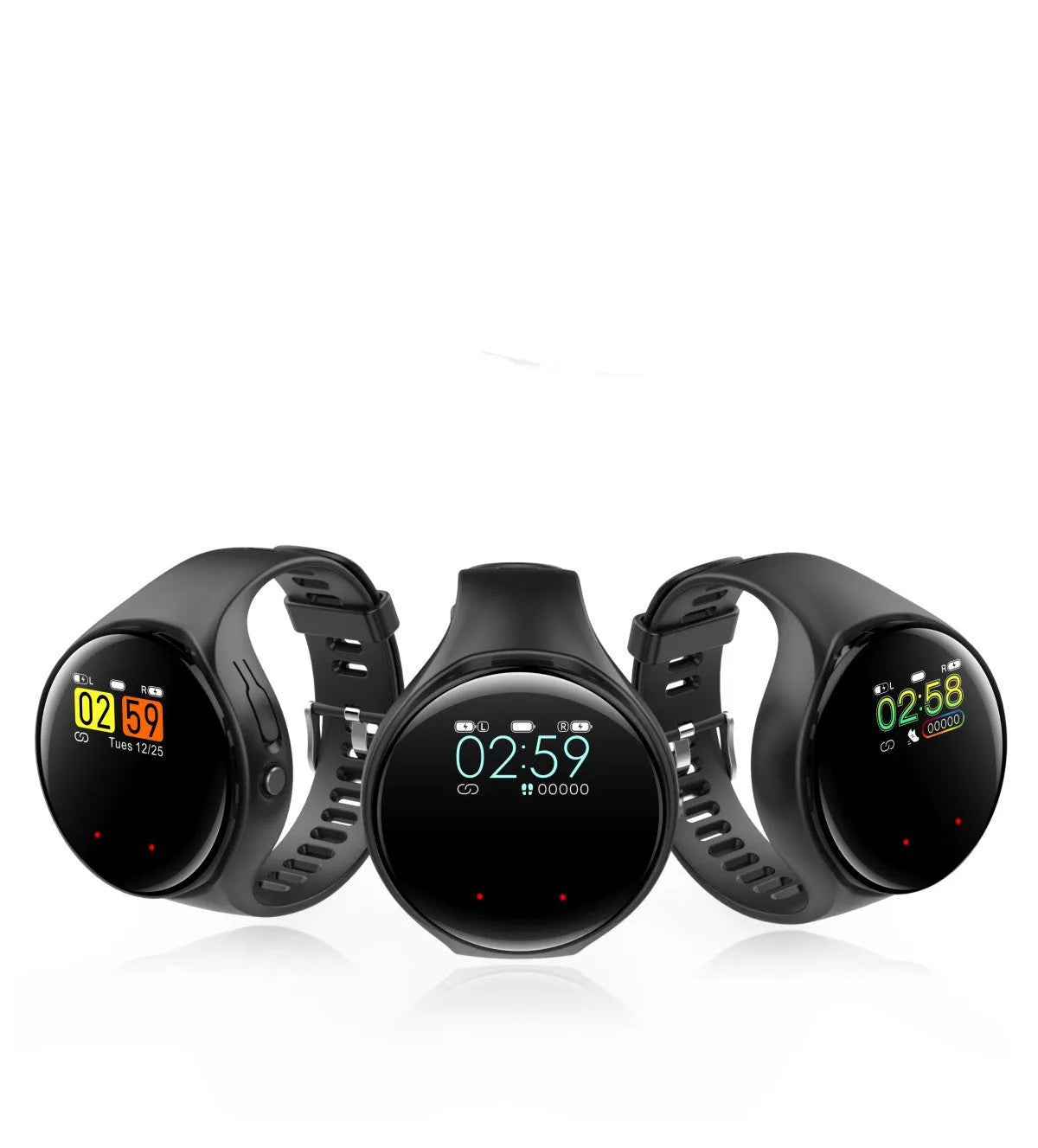 Black smart bracelet with detachable TWS Bluetooth earphones showing colour screen display