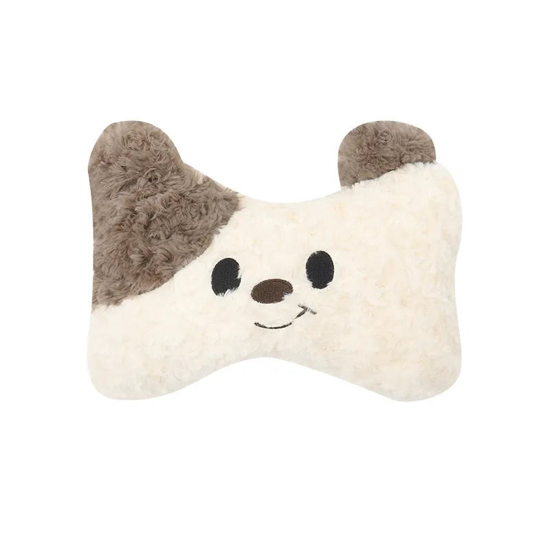 Car seat cushion set with puppy plush headrest and lumbar support pillow in cartoon style