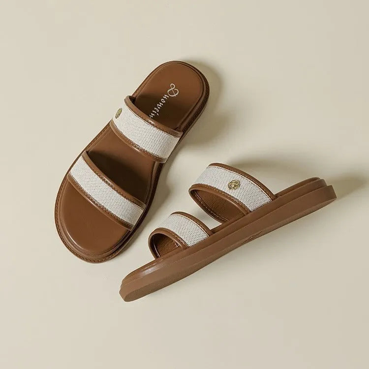 Brown retro-style women's flip-flops with a soft sole and artificial PU upper.