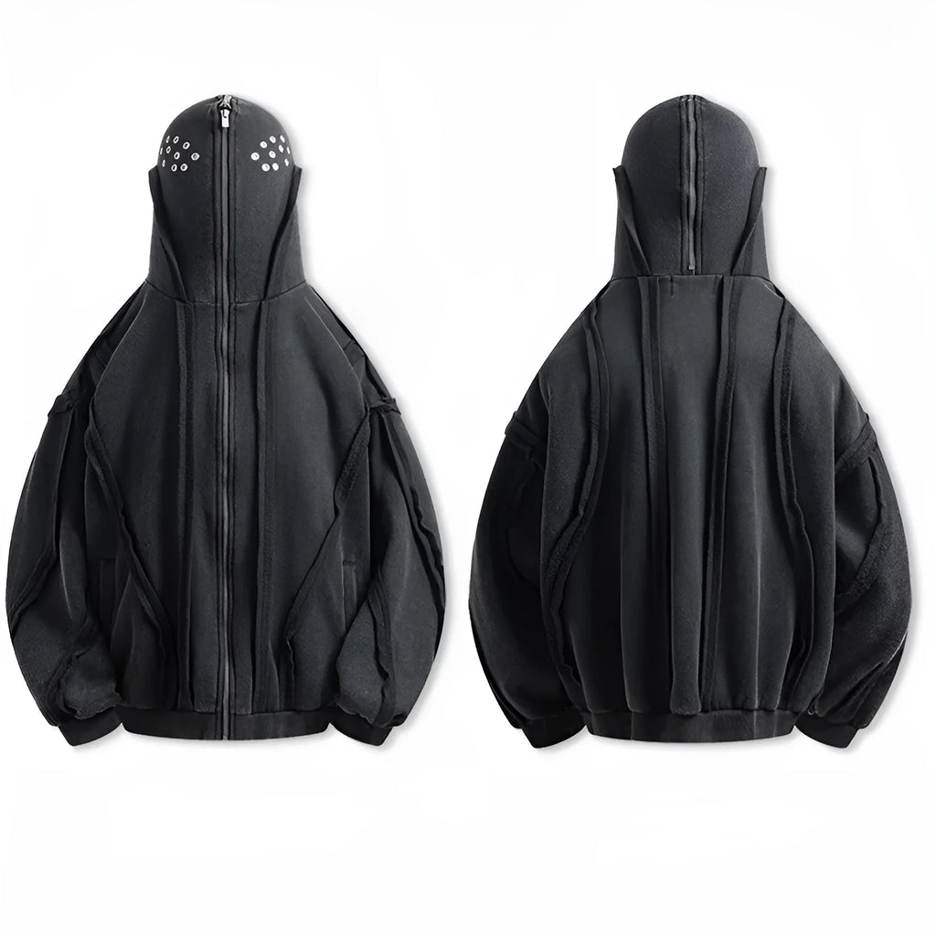 Black loose-fit zip-up hooded cardigan jacket with abstract pattern and padding on a hanger.