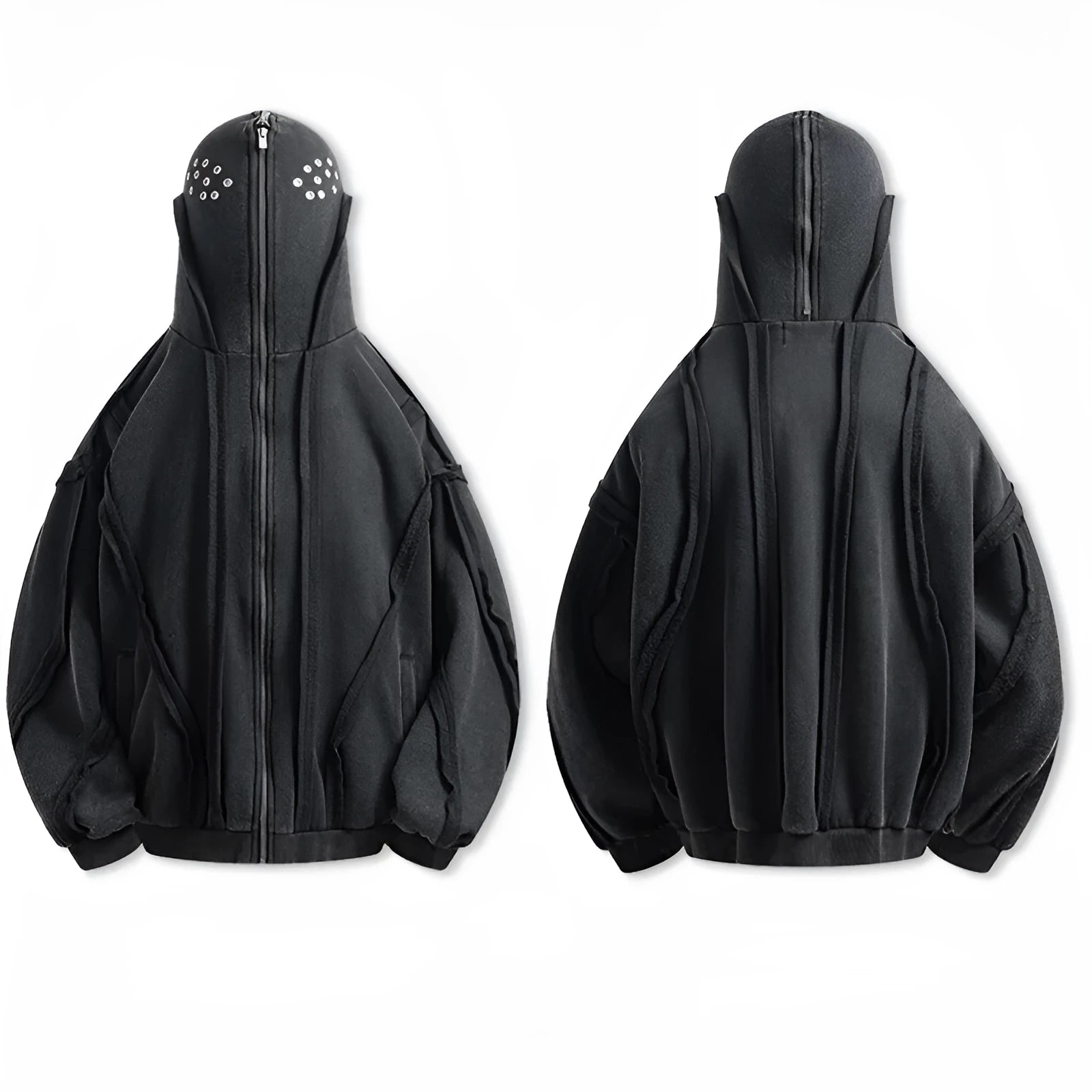 Black loose-fit zip-up hooded cardigan jacket with abstract pattern and padding on a hanger.