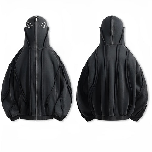 Black loose-fit zip-up hooded cardigan jacket with abstract pattern and padding on a hanger.