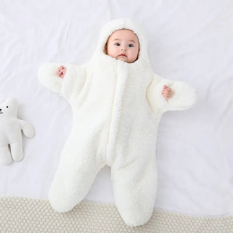 Cashmere and cotton baby sleeping bag with hood and zipper closure for winter newborn warmth