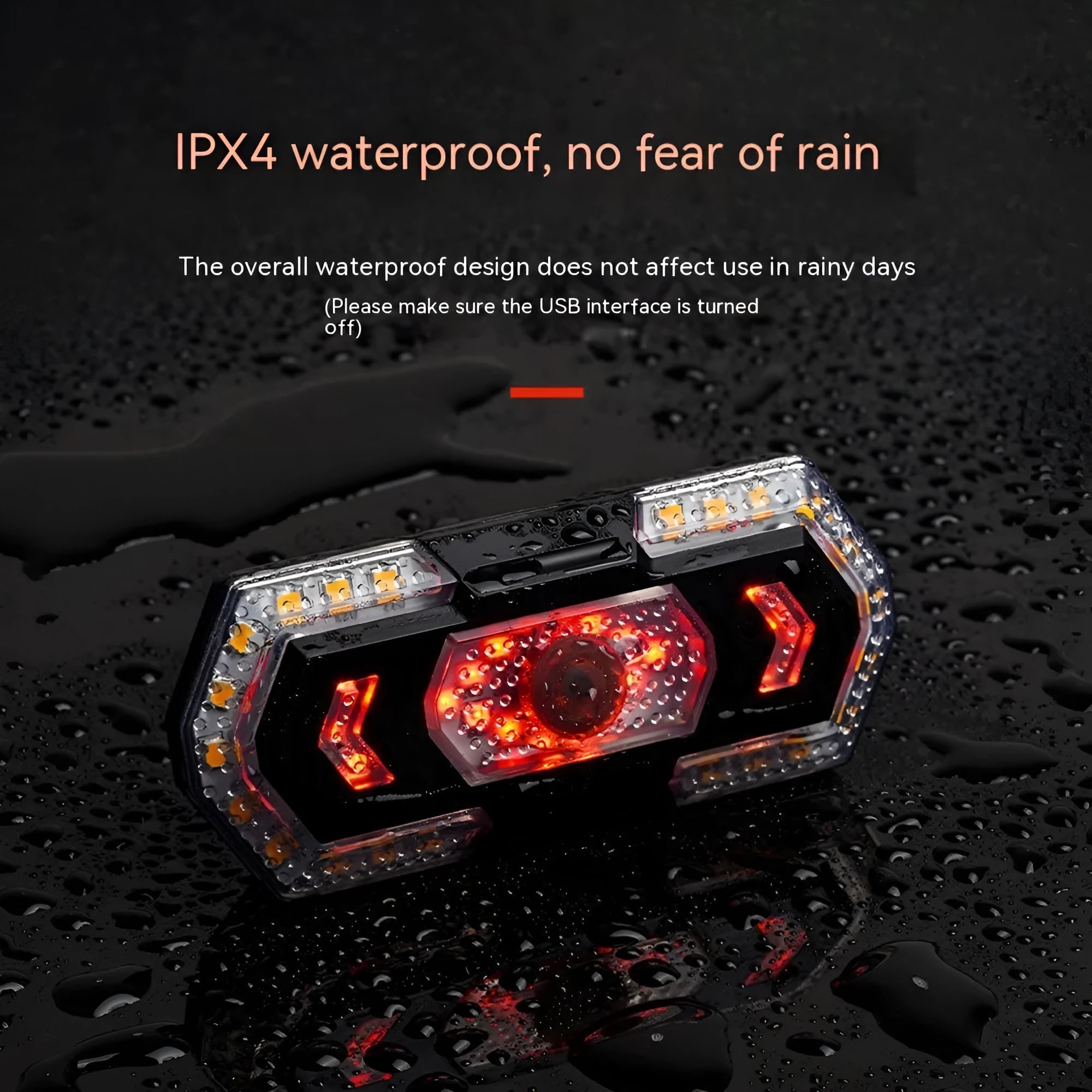 Black wireless remote control car taillight with USB charging port and waterproof housing