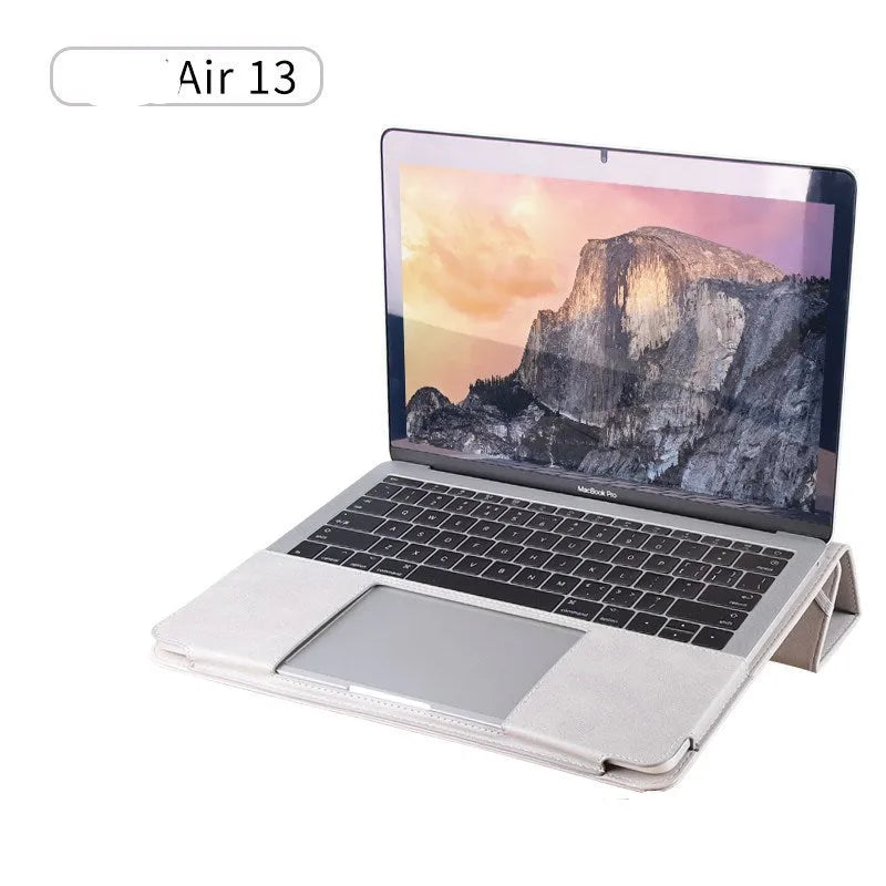 Imitation leather laptop sleeve for 13.3-inch MacBook Pro in brown, shown on a desk