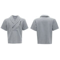 Men's dark grey V-neck padded shoulder short sleeve jacket with metal embellishments and matching shorts.