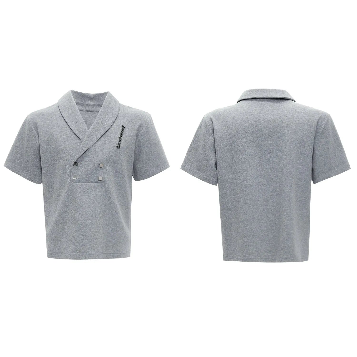Men's dark grey V-neck padded shoulder short sleeve jacket with metal embellishments and matching shorts.