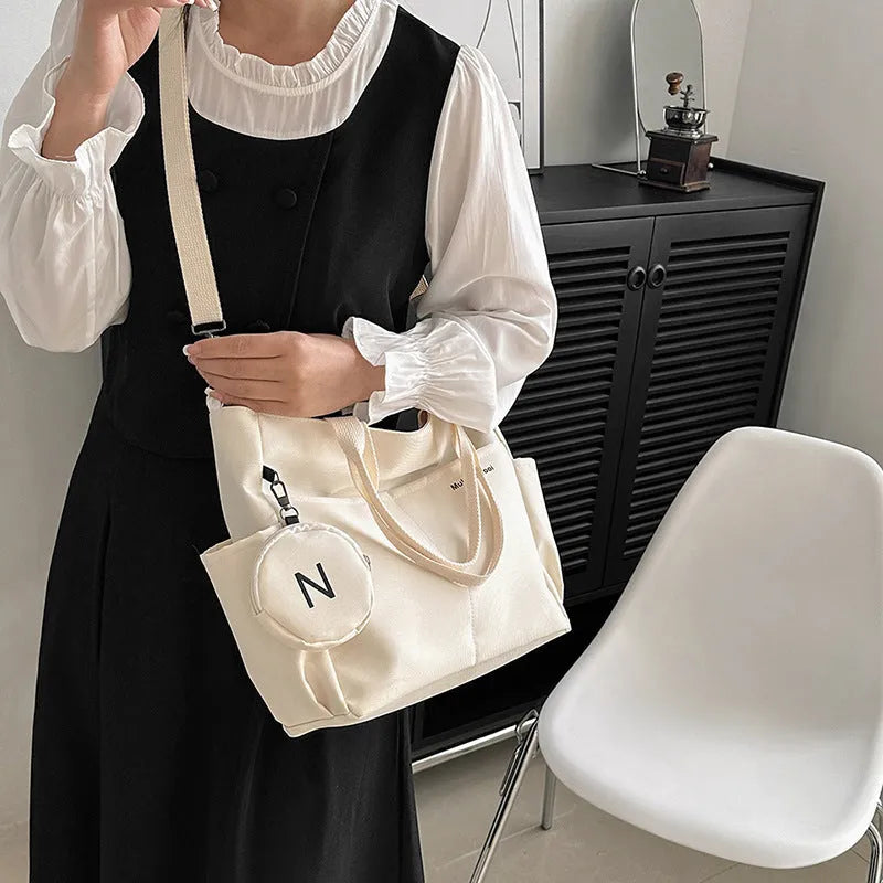Canvas women's shoulder crossbody tote bag with Oxford cloth lining and waterproof zipper in khaki
