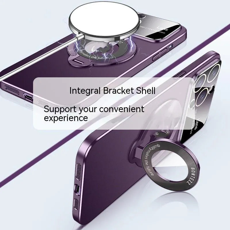 Magnetic iPhone case with large transparent window and invisible bracket in dark purple colour