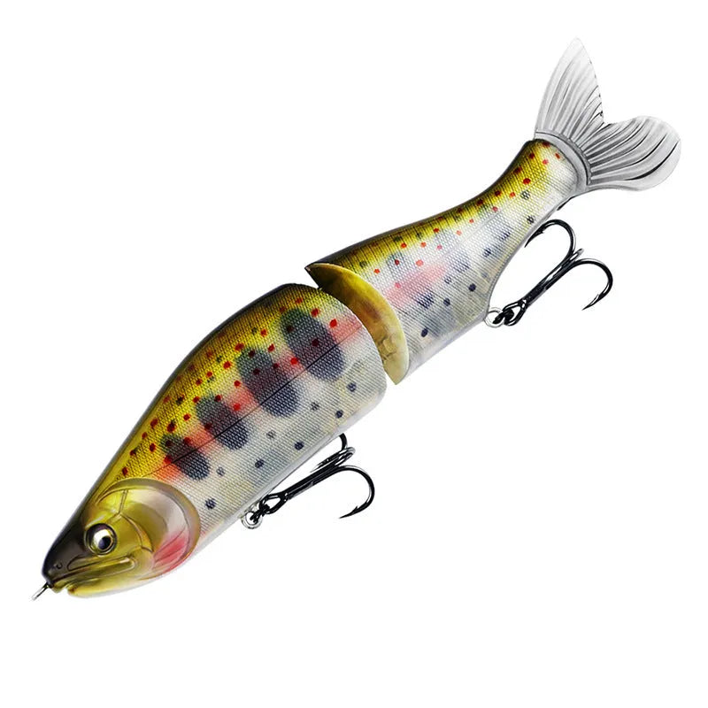 185mm plastic bass fishing bait showing swimming action, available in multiple colour patterns