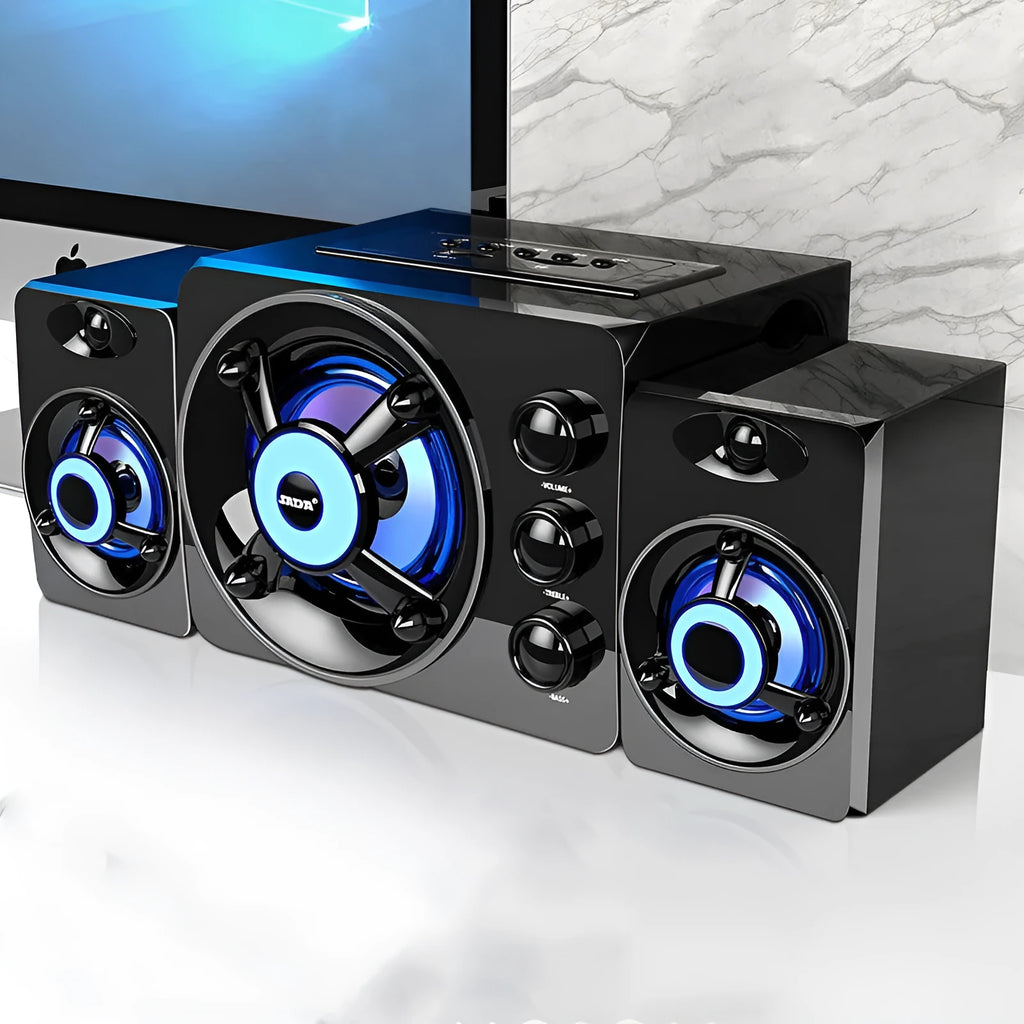 Desktop home speakers in black or white with 3.5mm audio cable, USB power, Bluetooth, USB and TF card playback.