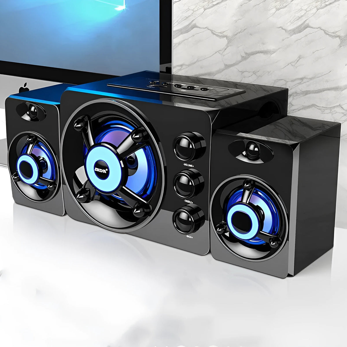 Desktop home speakers in black or white with 3.5mm audio cable, USB power, Bluetooth, USB and TF card playback.